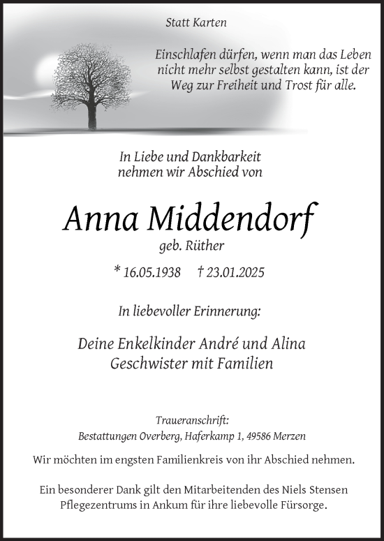 Traueranzeige von Anna Middendorf von Neue Osnabrücker Zeitung GmbH & Co. KG