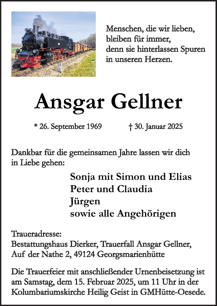  Traueranzeige für Ansgar Gellner vom 08.02.2025 aus Neue Osnabrücker Zeitung GmbH & Co. KG