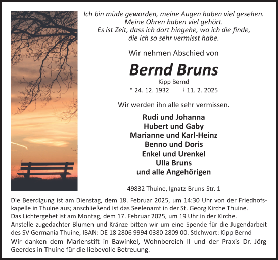 Traueranzeige von Bernd Bruns von Neue Osnabrücker Zeitung GmbH & Co. KG