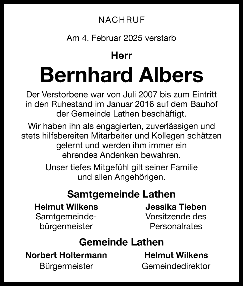  Traueranzeige für Bernhard Albers vom 13.02.2025 aus Neue Osnabrücker Zeitung GmbH & Co. KG