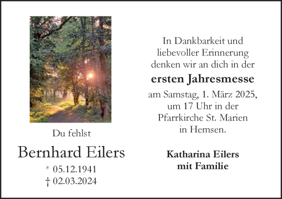 Traueranzeige von Bernhard Eilers von Neue Osnabrücker Zeitung GmbH & Co. KG