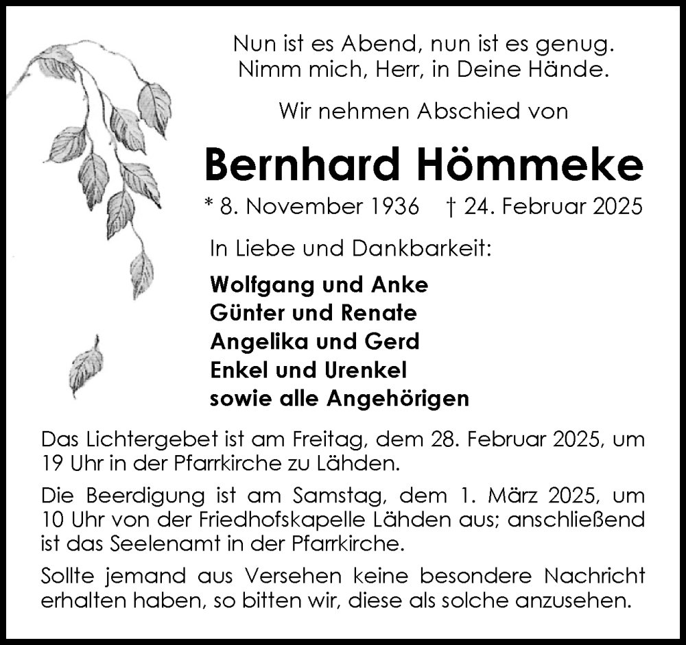  Traueranzeige für Bernhard Hömmeke vom 27.02.2025 aus Neue Osnabrücker Zeitung GmbH & Co. KG