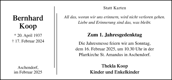 Traueranzeige von Bernhard Koop von Neue Osnabrücker Zeitung GmbH & Co. KG