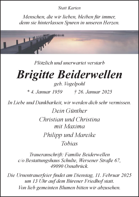 Traueranzeige von Brigitte Beiderwellen von Neue Osnabrücker Zeitung GmbH & Co. KG