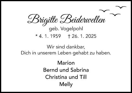 Traueranzeige von Brigitte Beiderwellen von Neue Osnabrücker Zeitung GmbH & Co. KG