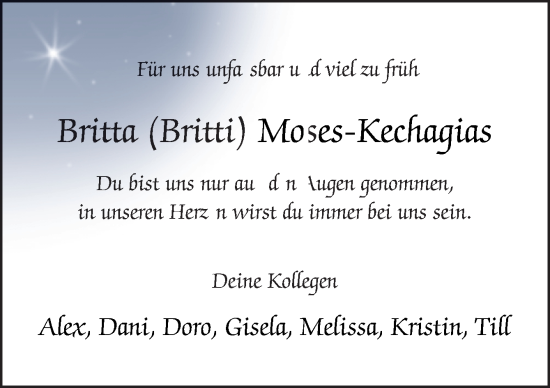 Traueranzeige von Britta Moses-Kechagias von DK Medien GmbH & Co. KG