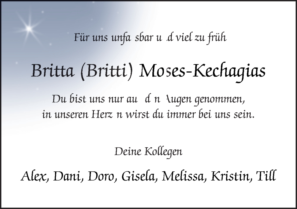  Traueranzeige für Britta Moses-Kechagias vom 22.02.2025 aus DK Medien GmbH & Co. KG