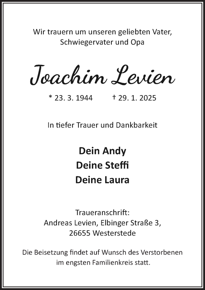  Traueranzeige für Joachim Levien vom 01.02.2025 aus Neue Osnabrücker Zeitung GmbH & Co. KG