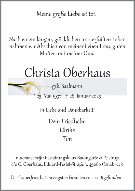 Traueranzeige von Christa Oberhaus von Neue Osnabrücker Zeitung GmbH & Co. KG