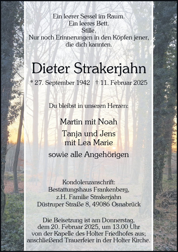  Traueranzeige für Dieter Strakerjahn vom 15.02.2025 aus Neue Osnabrücker Zeitung GmbH & Co. KG