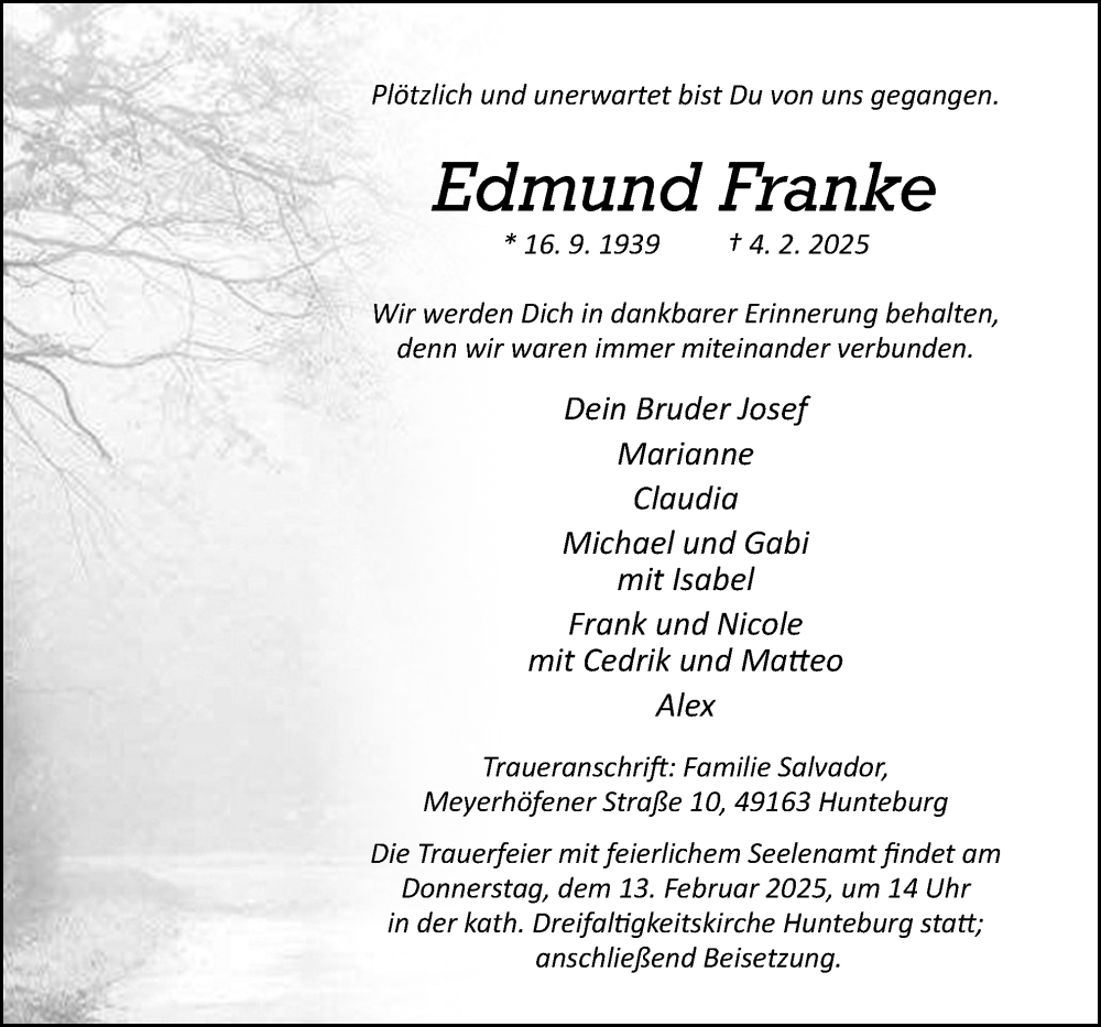  Traueranzeige für Edmund Franke vom 08.02.2025 aus Neue Osnabrücker Zeitung GmbH & Co. KG