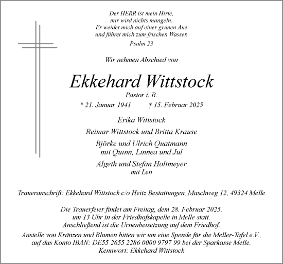 Traueranzeige von Ekkehard Wittstock von Neue Osnabrücker Zeitung GmbH & Co. KG