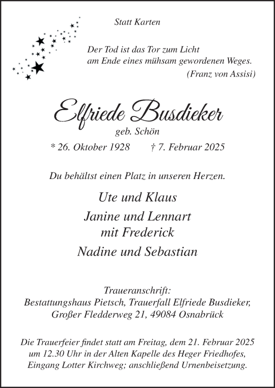 Traueranzeige von Elfriede Busdieker von Neue Osnabrücker Zeitung GmbH & Co. KG