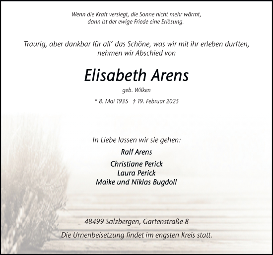 Traueranzeige von Elisabeth Arens von Neue Osnabrücker Zeitung GmbH & Co. KG