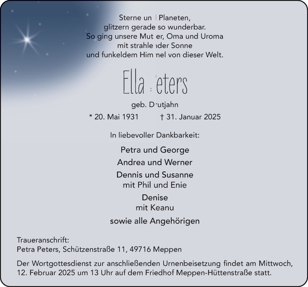  Traueranzeige für Ella Peters vom 08.02.2025 aus Neue Osnabrücker Zeitung GmbH & Co. KG