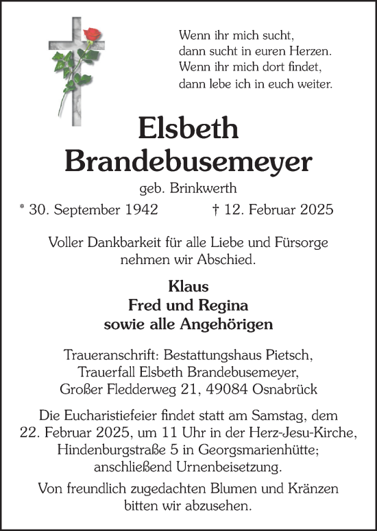 Traueranzeige von Elsbeth Brandebusemeyer von Neue Osnabrücker Zeitung GmbH & Co. KG