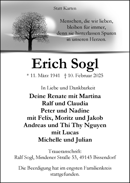 Traueranzeige von Erich Sogl von Neue Osnabrücker Zeitung GmbH & Co. KG