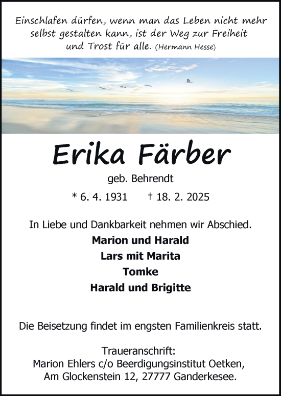 Traueranzeige von Erika Färber von DK Medien GmbH & Co. KG
