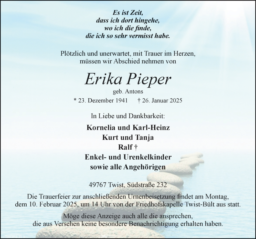  Traueranzeige für Erika Pieper vom 03.02.2025 aus Neue Osnabrücker Zeitung GmbH & Co. KG