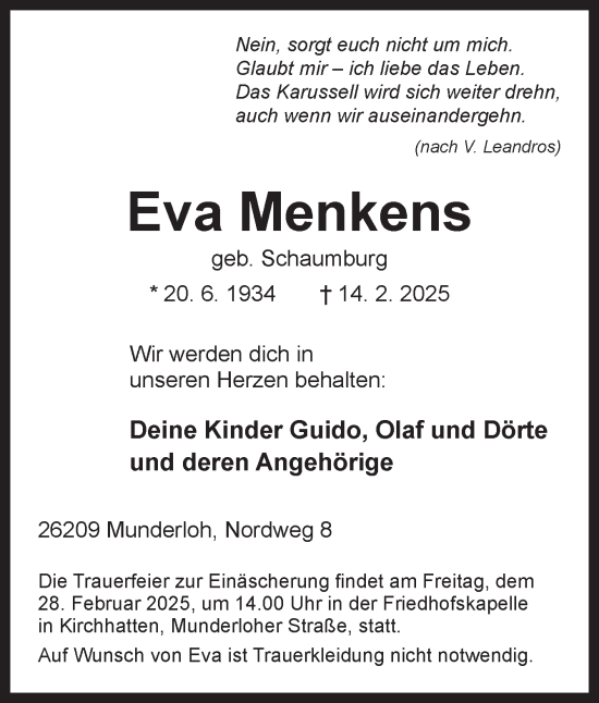 Traueranzeige von Eva Menkens von DK Medien GmbH & Co. KG