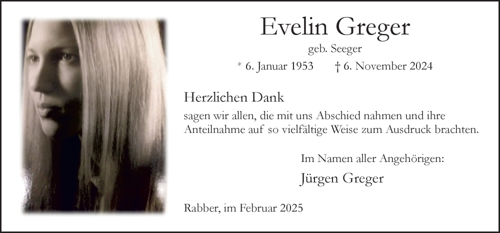  Traueranzeige für Evelin Greger vom 08.02.2025 aus Neue Osnabrücker Zeitung GmbH & Co. KG