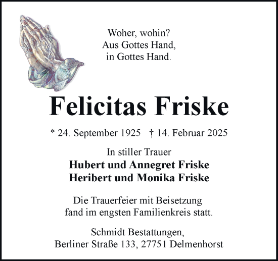 Traueranzeige von Felicitas Friske von DK Medien GmbH & Co. KG