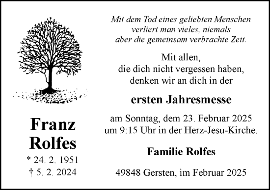 Traueranzeige von Franz Rolfes von Neue Osnabrücker Zeitung GmbH & Co. KG