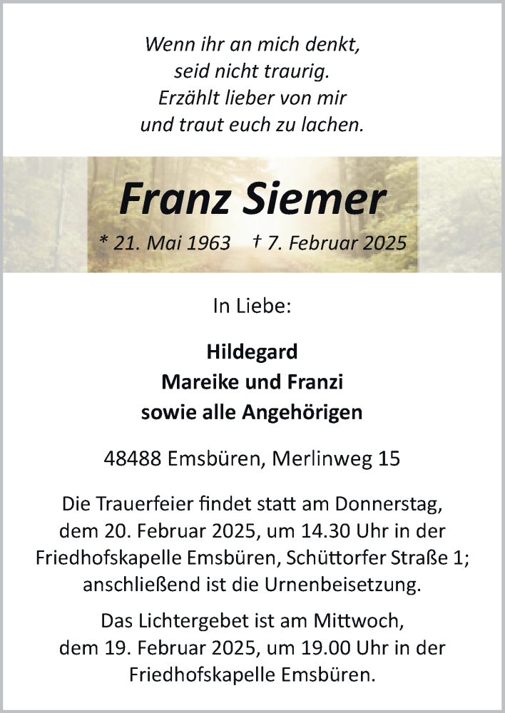  Traueranzeige für Franz Siemer vom 15.02.2025 aus Neue Osnabrücker Zeitung GmbH & Co. KG