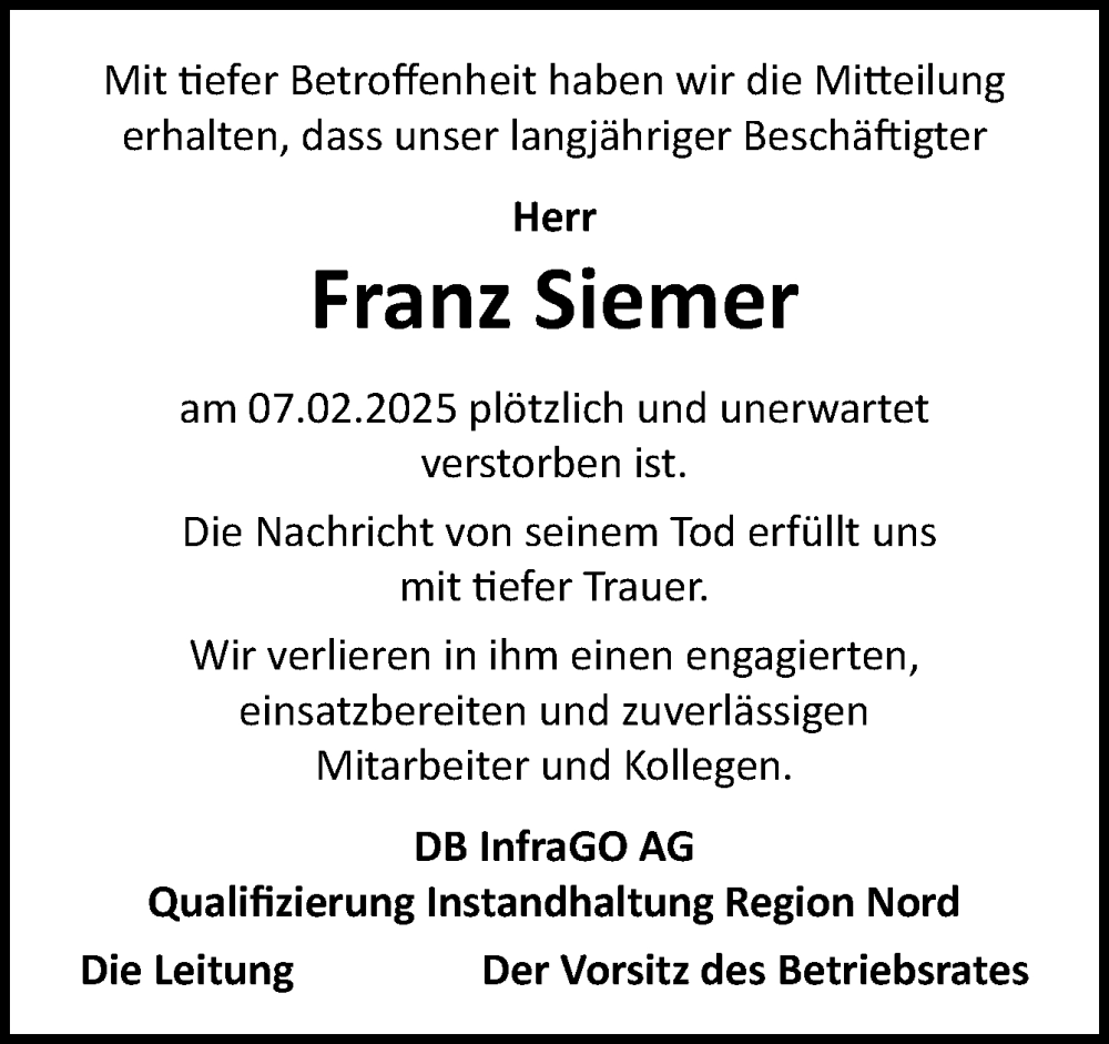  Traueranzeige für Franz Siemer vom 22.02.2025 aus Neue Osnabrücker Zeitung GmbH & Co. KG