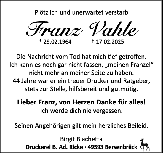 Traueranzeige von Franz Vahle von Neue Osnabrücker Zeitung GmbH & Co. KG