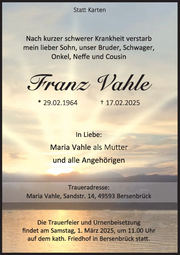  Traueranzeige für Franz Vahle vom 25.02.2025 aus Neue Osnabrücker Zeitung GmbH & Co. KG