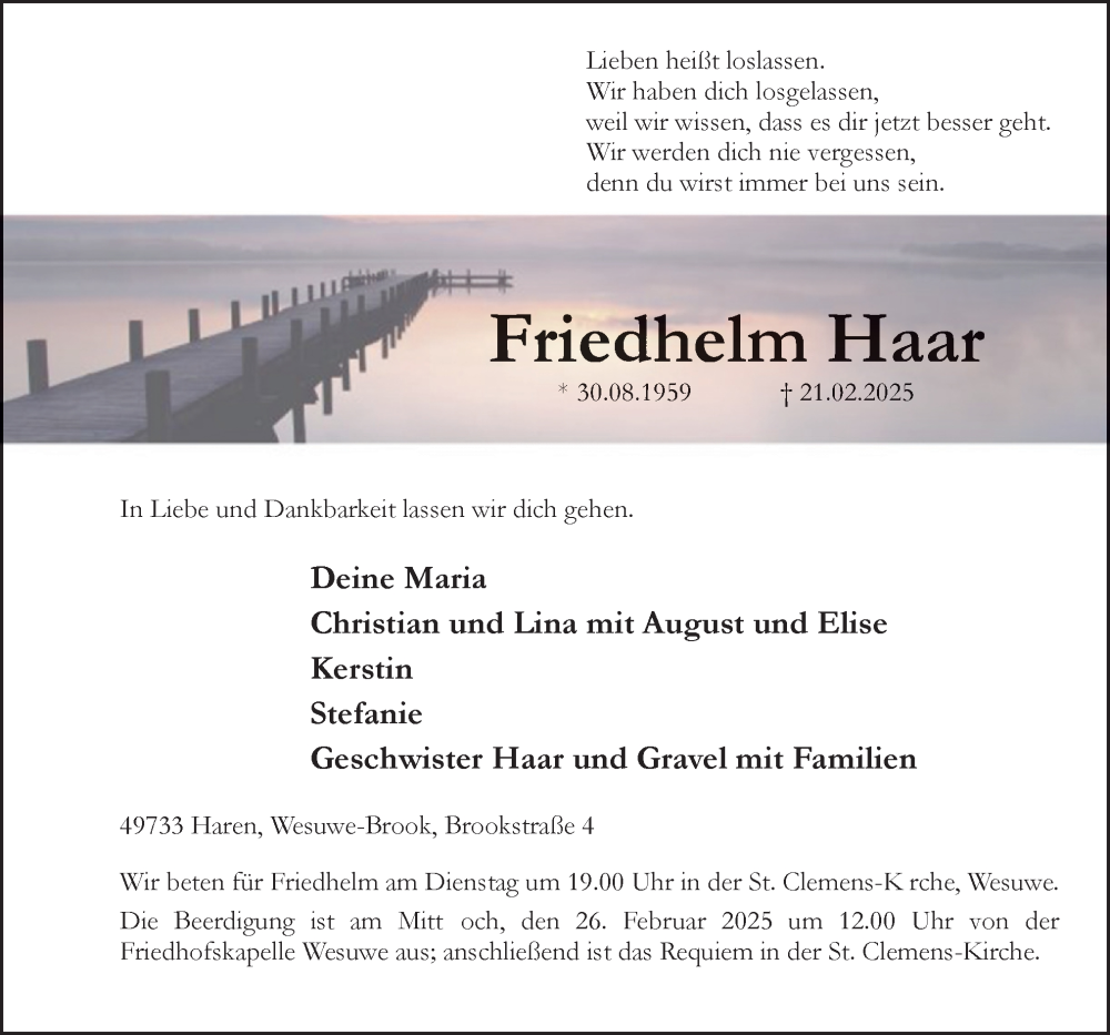  Traueranzeige für Friedhelm Haar vom 24.02.2025 aus Neue Osnabrücker Zeitung GmbH & Co. KG