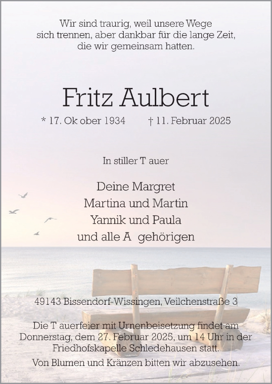 Traueranzeige von Fritz Aulbert von Neue Osnabrücker Zeitung GmbH & Co. KG