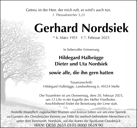 Traueranzeige von Gerhard Nordsiek von Neue Osnabrücker Zeitung GmbH & Co. KG