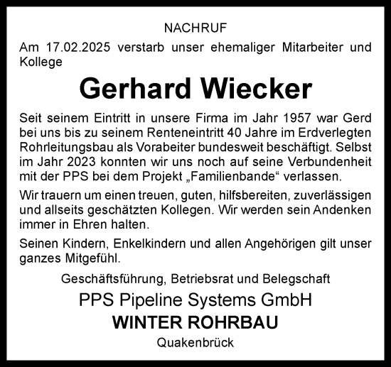 Traueranzeige von Gerhard Wiecker von Neue Osnabrücker Zeitung GmbH & Co. KG