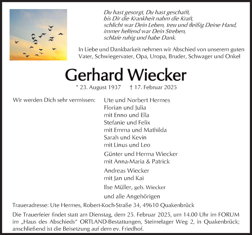  Traueranzeige für Gerhard Wiecker vom 20.02.2025 aus Neue Osnabrücker Zeitung GmbH & Co. KG