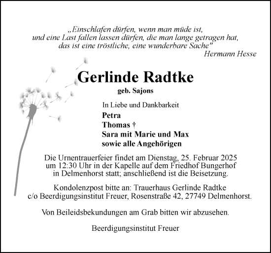 Traueranzeige von Gerlinde Radtke von DK Medien GmbH & Co. KG