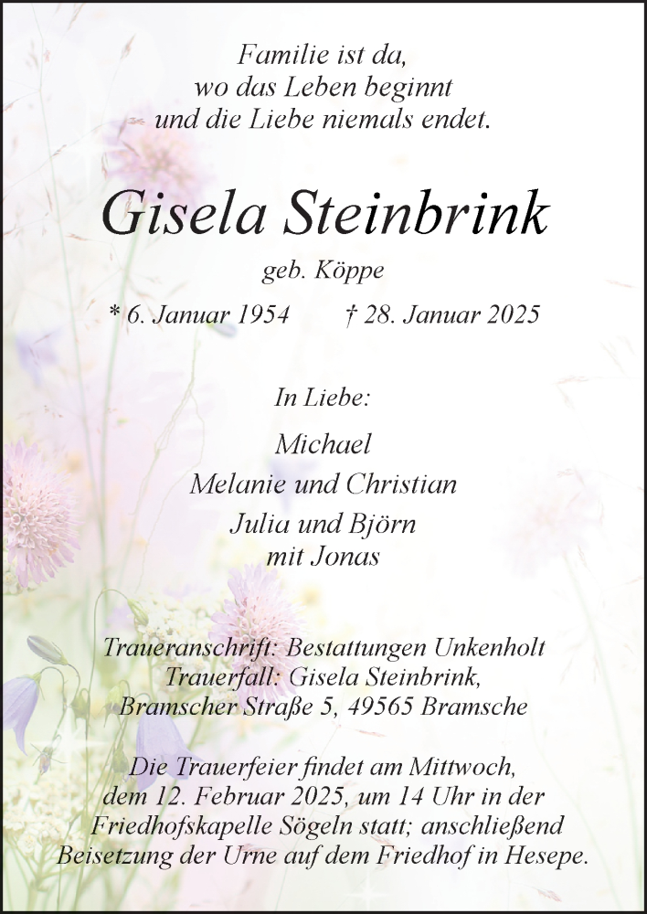  Traueranzeige für Gisela Steinbrink vom 08.02.2025 aus Neue Osnabrücker Zeitung GmbH & Co. KG