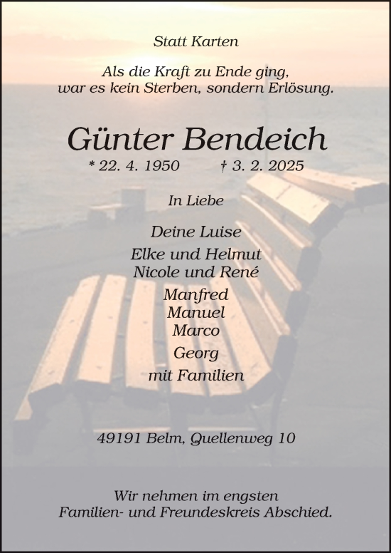 Traueranzeige von Günter Bendeich von Neue Osnabrücker Zeitung GmbH & Co. KG