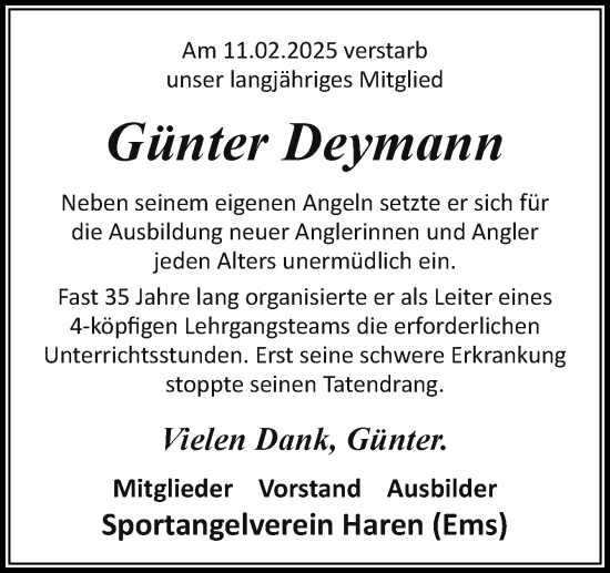 Traueranzeige von Günter Deymann von Neue Osnabrücker Zeitung GmbH & Co. KG