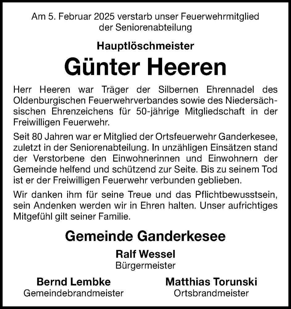  Traueranzeige für Günter Heeren vom 12.02.2025 aus DK Medien GmbH & Co. KG