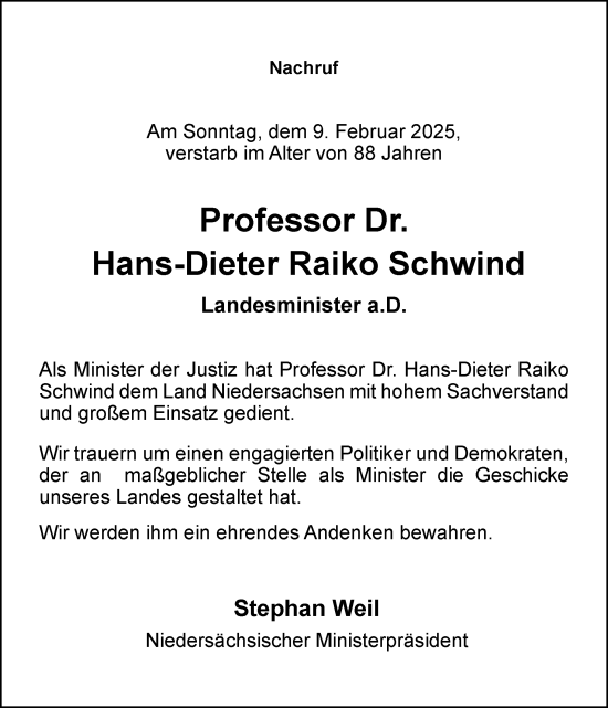 Traueranzeige von Hans-Dieter Raiko Schwind von Neue Osnabrücker Zeitung GmbH & Co. KG