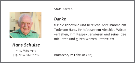 Traueranzeige von Hans Schulze von Neue Osnabrücker Zeitung GmbH & Co. KG