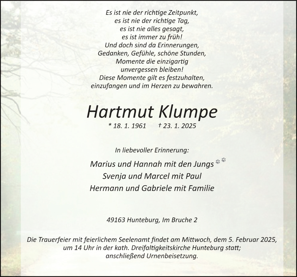  Traueranzeige für Hartmut Klumpe vom 01.02.2025 aus Neue Osnabrücker Zeitung GmbH & Co. KG
