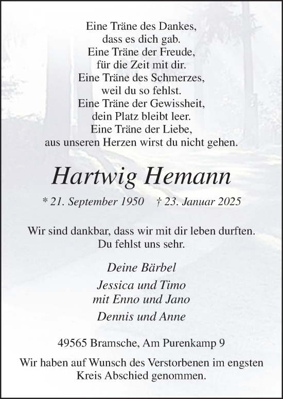 Traueranzeige von Hartwig Hemann von Neue Osnabrücker Zeitung GmbH & Co. KG