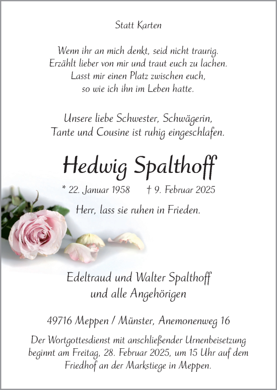 Traueranzeige von Hedwig Spalthoff von Neue Osnabrücker Zeitung GmbH & Co. KG