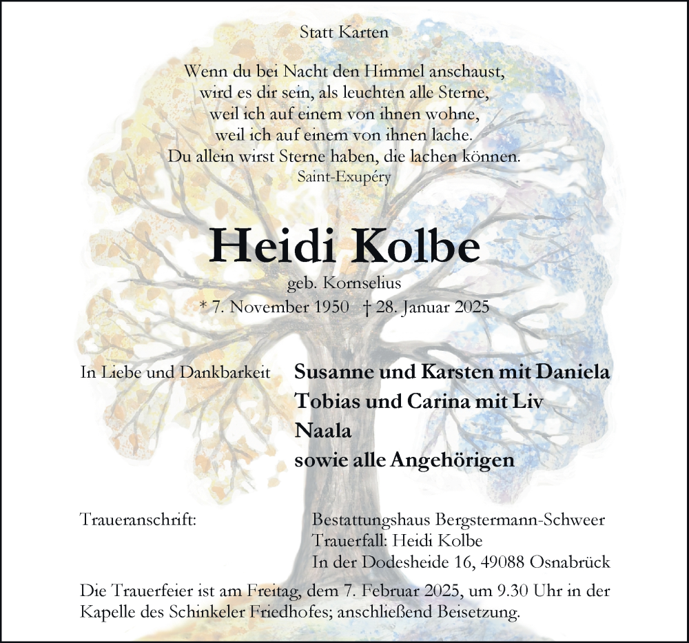  Traueranzeige für Heidi Kolbe vom 01.02.2025 aus Neue Osnabrücker Zeitung GmbH & Co. KG