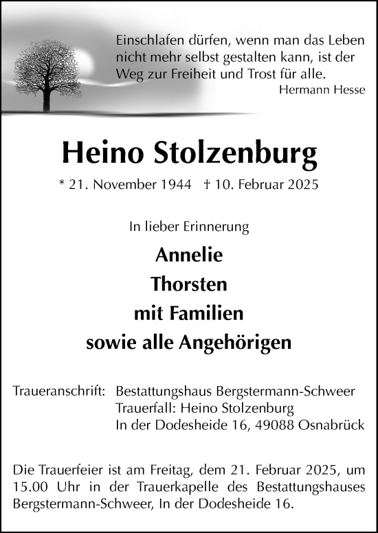 Traueranzeige von Heino Stolzenburg von Neue Osnabrücker Zeitung GmbH & Co. KG