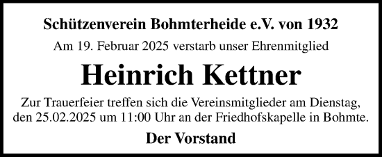 Traueranzeige von Heinrich Kettner von Neue Osnabrücker Zeitung GmbH & Co. KG