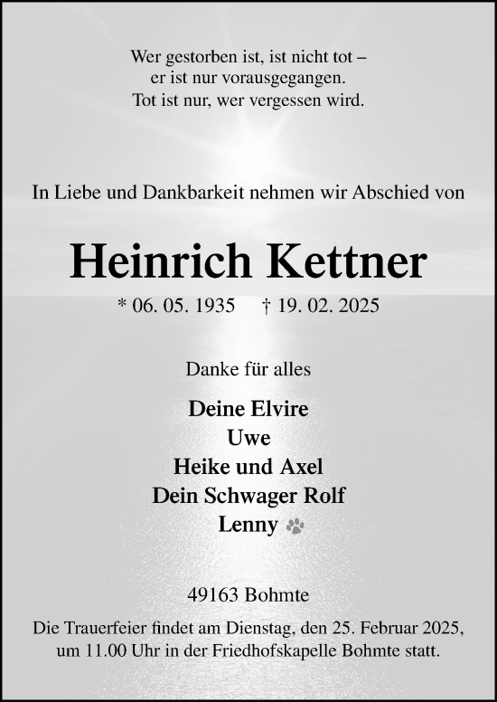 Traueranzeige von Heinrich Kettner von Neue Osnabrücker Zeitung GmbH & Co. KG